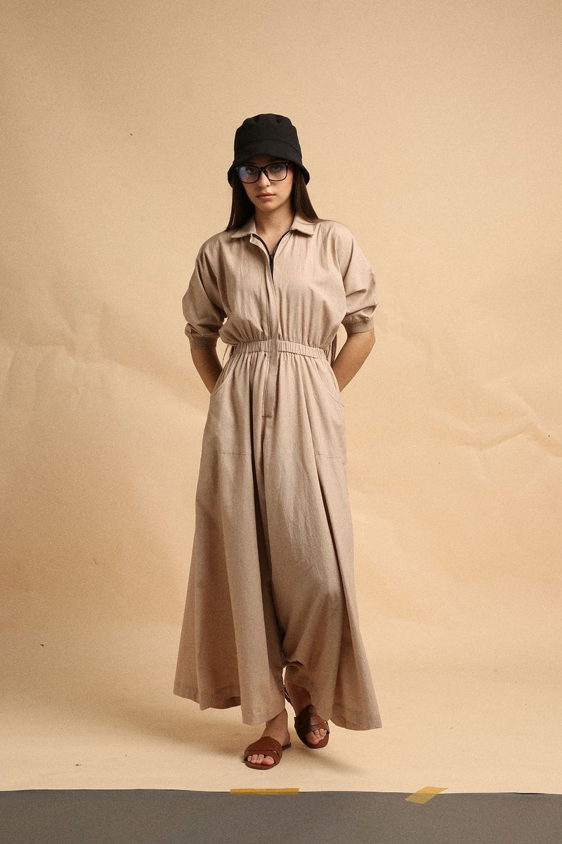 Sand Collar Sphara Jumpsuit 100% cotton by Mati in sand color for women Worldwide