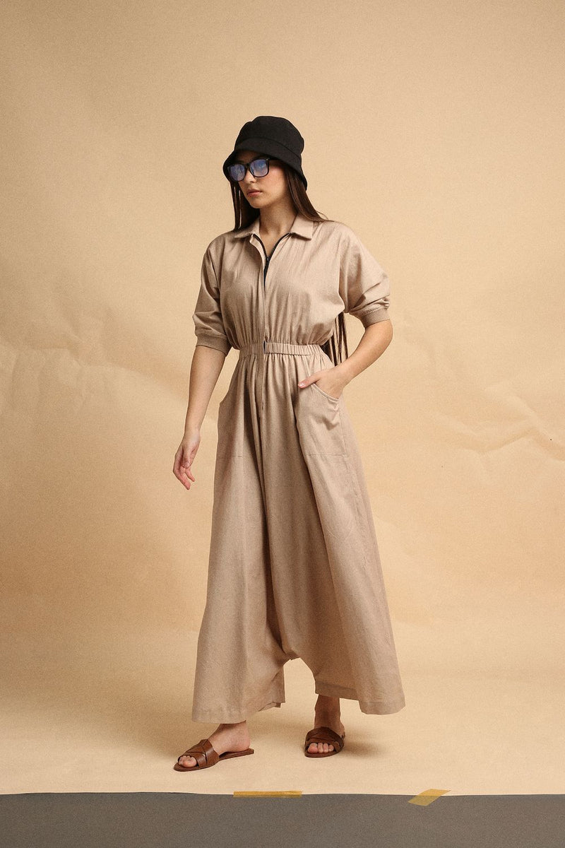 Sand Collar Sphara Jumpsuit 100% cotton by Mati in sand color for women Worldwide