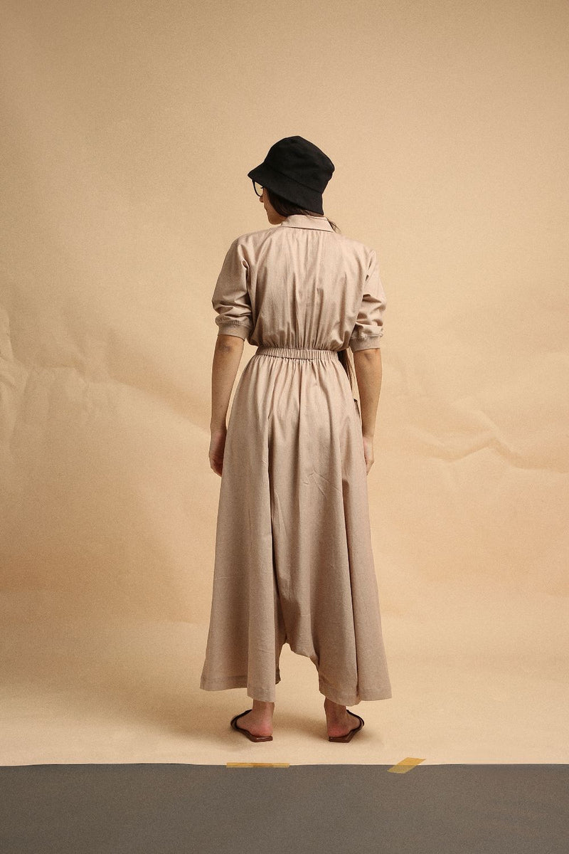 Sand Collar Sphara Jumpsuit 100% cotton by Mati in sand color for women Worldwide