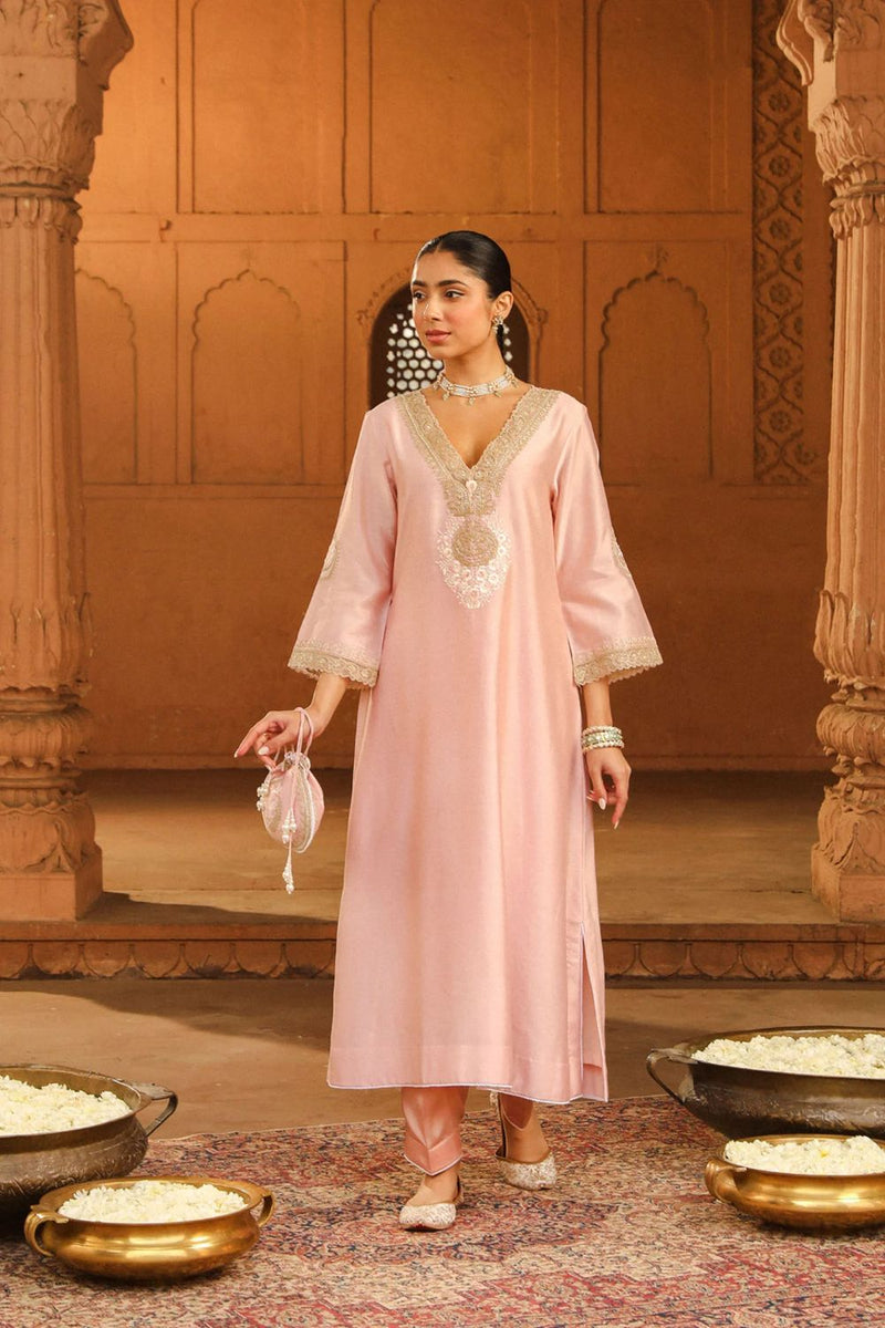 Sanvi A-line chauga with salwar-Blush Pink silk by SHEETAL BATRA in blush color for women Worldwide