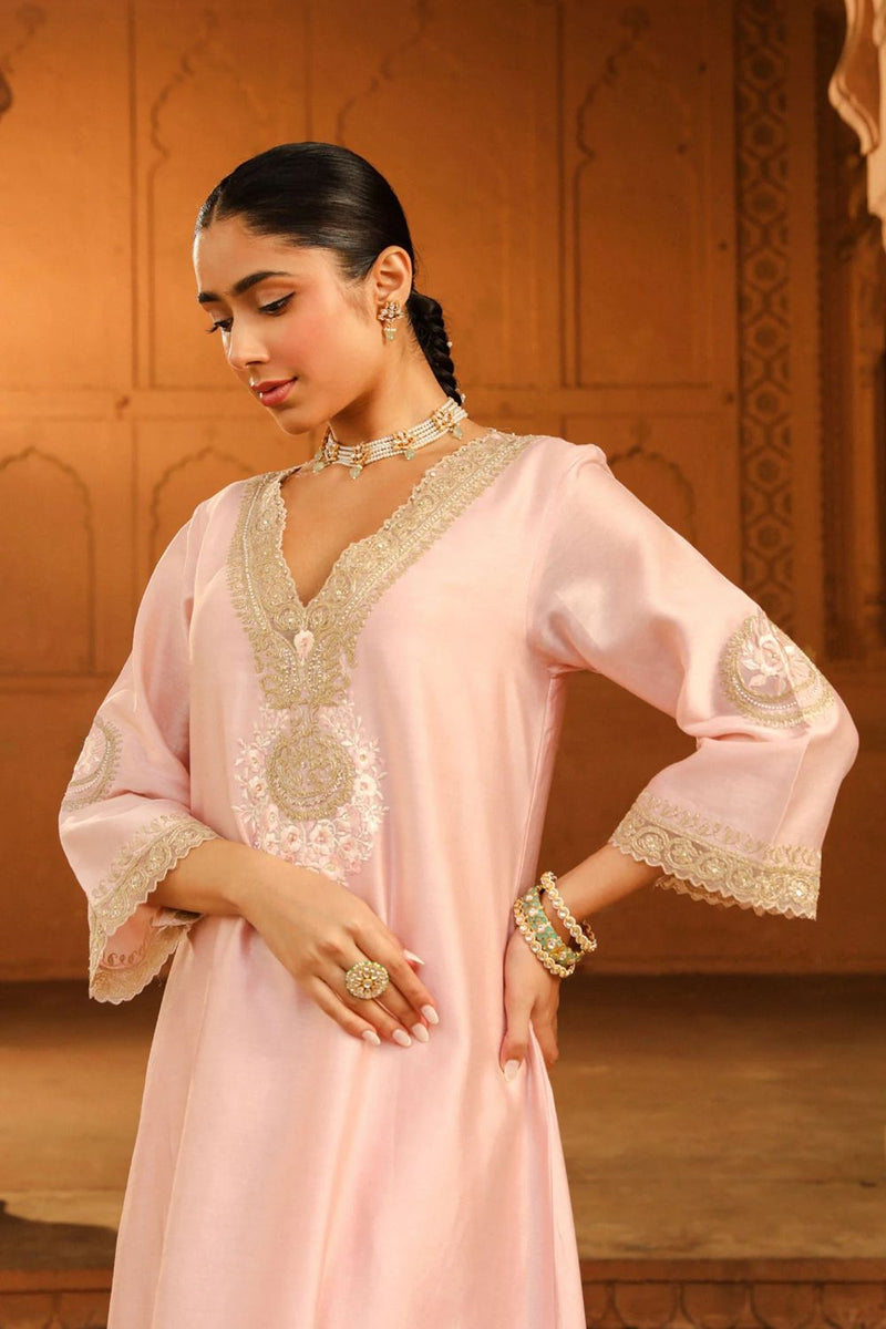 Sanvi A-line chauga with salwar-Blush Pink silk by SHEETAL BATRA in blush color for women Worldwide
