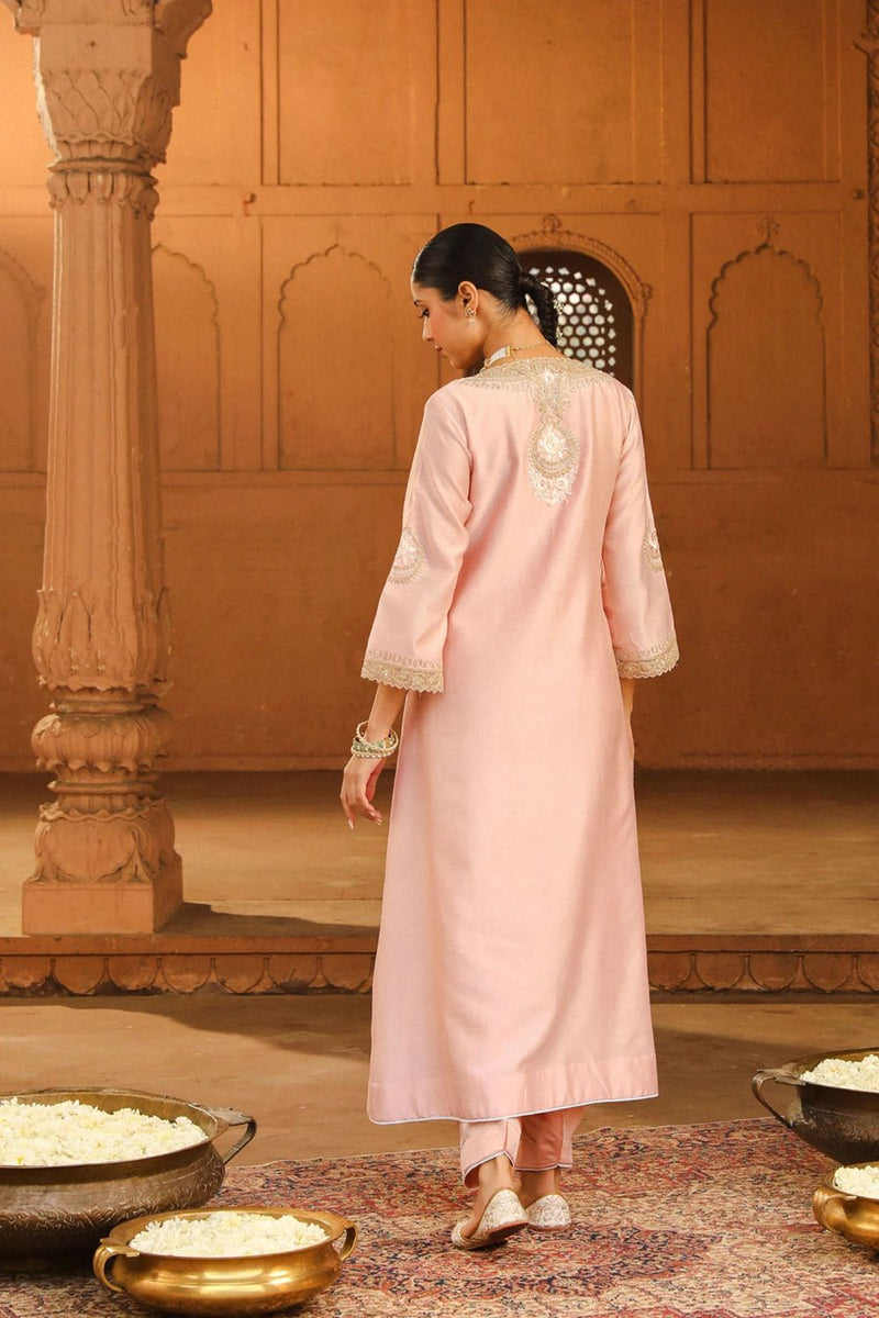 Sanvi A-line chauga with salwar-Blush Pink silk by SHEETAL BATRA in blush color for women Worldwide