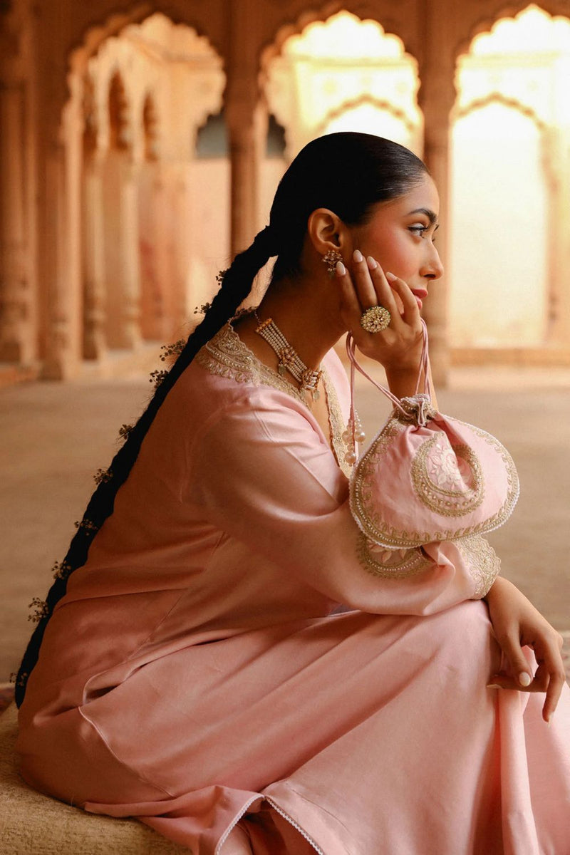 Sanvi A-line chauga with salwar-Blush Pink silk by SHEETAL BATRA in blush color for women Worldwide