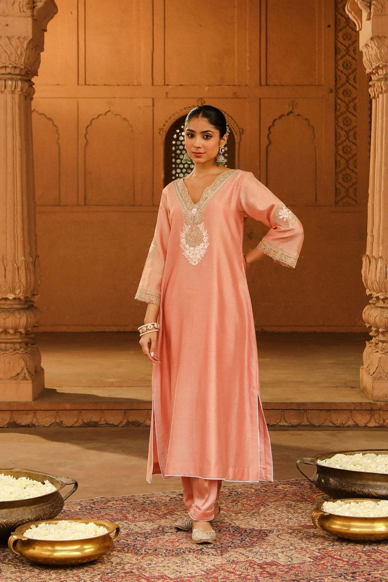 Sanvi A-line chauga with salwar-Off-Rose silk by SHEETAL BATRA in pink color for women Worldwide