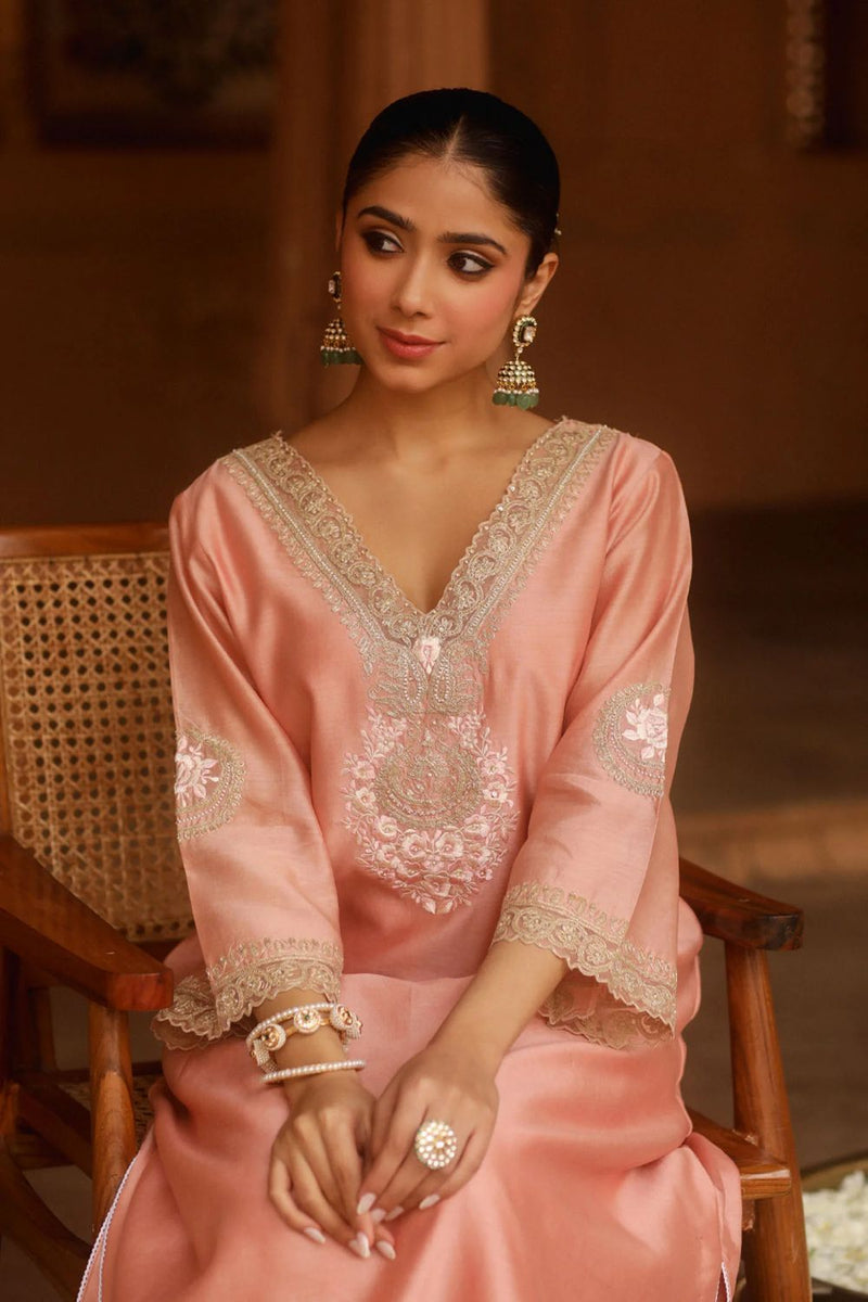 Sanvi A-line chauga with salwar-Off-Rose silk by SHEETAL BATRA in pink color for women Worldwide