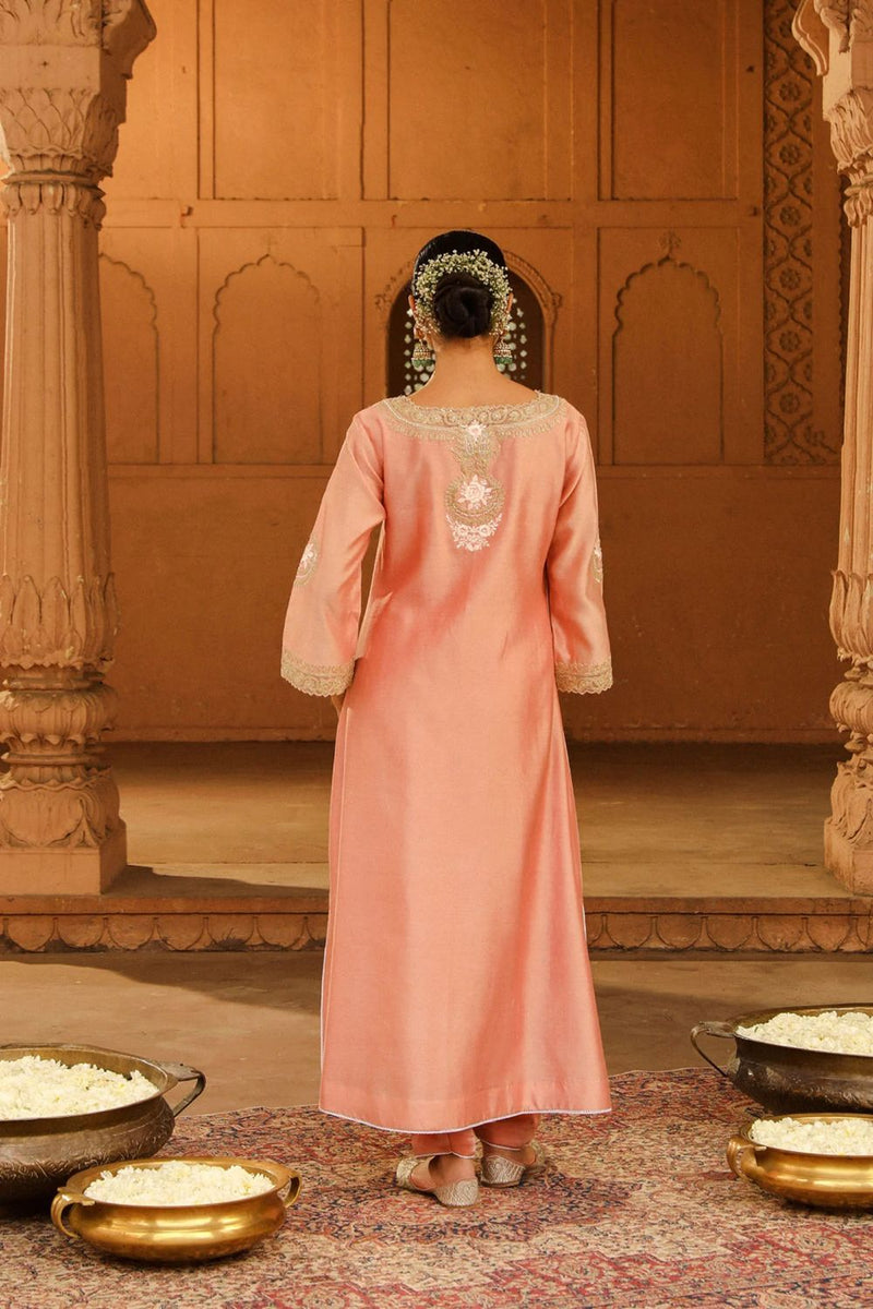 Sanvi A-line chauga with salwar-Off-Rose silk by SHEETAL BATRA in pink color for women Worldwide