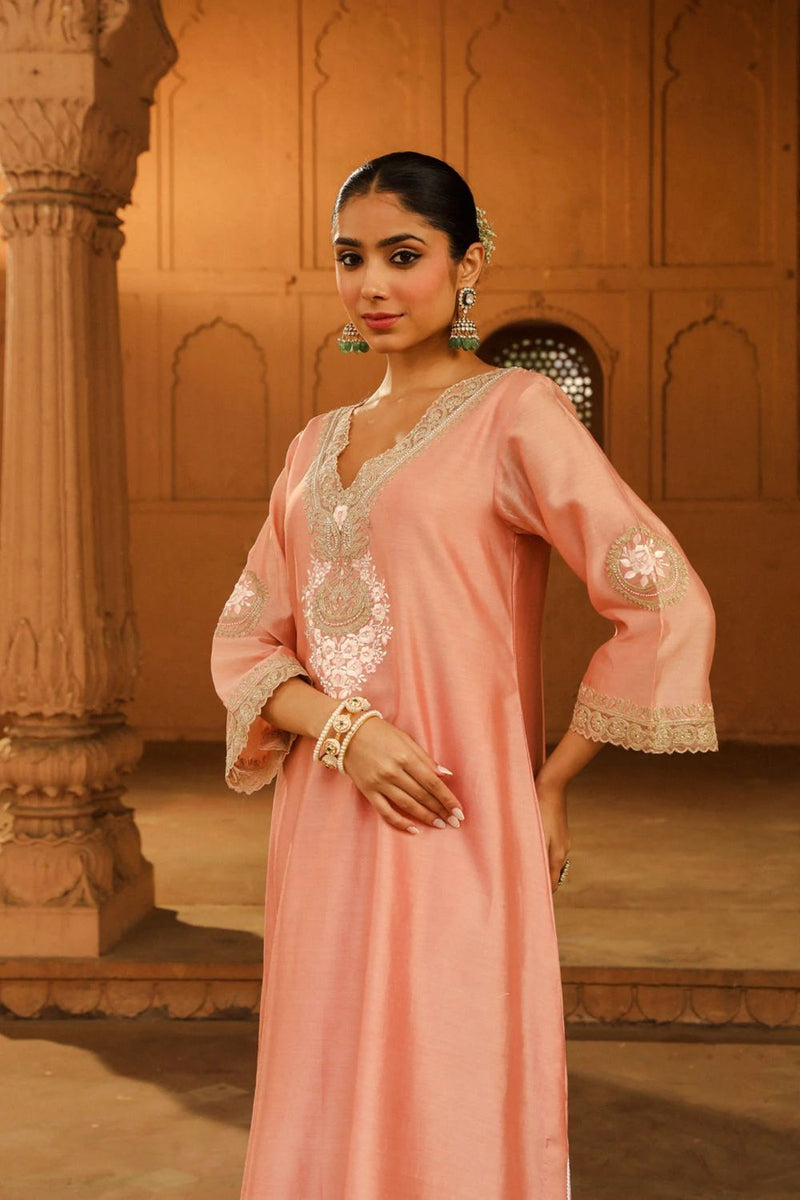 Sanvi A-line chauga with salwar-Off-Rose silk by SHEETAL BATRA in pink color for women Worldwide