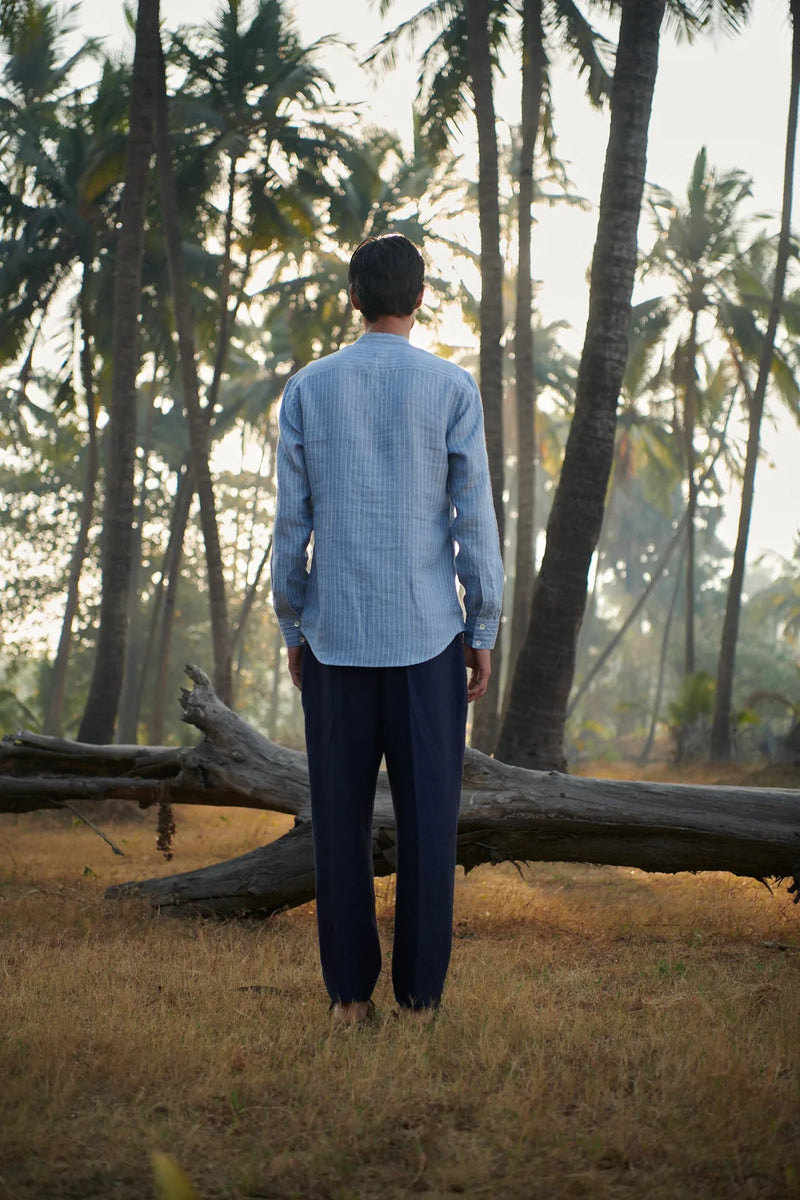 Sky Pinstripe Linen Men's Band Collar Shirt - Slim Fit linen by Saphed Men for men Worldwide