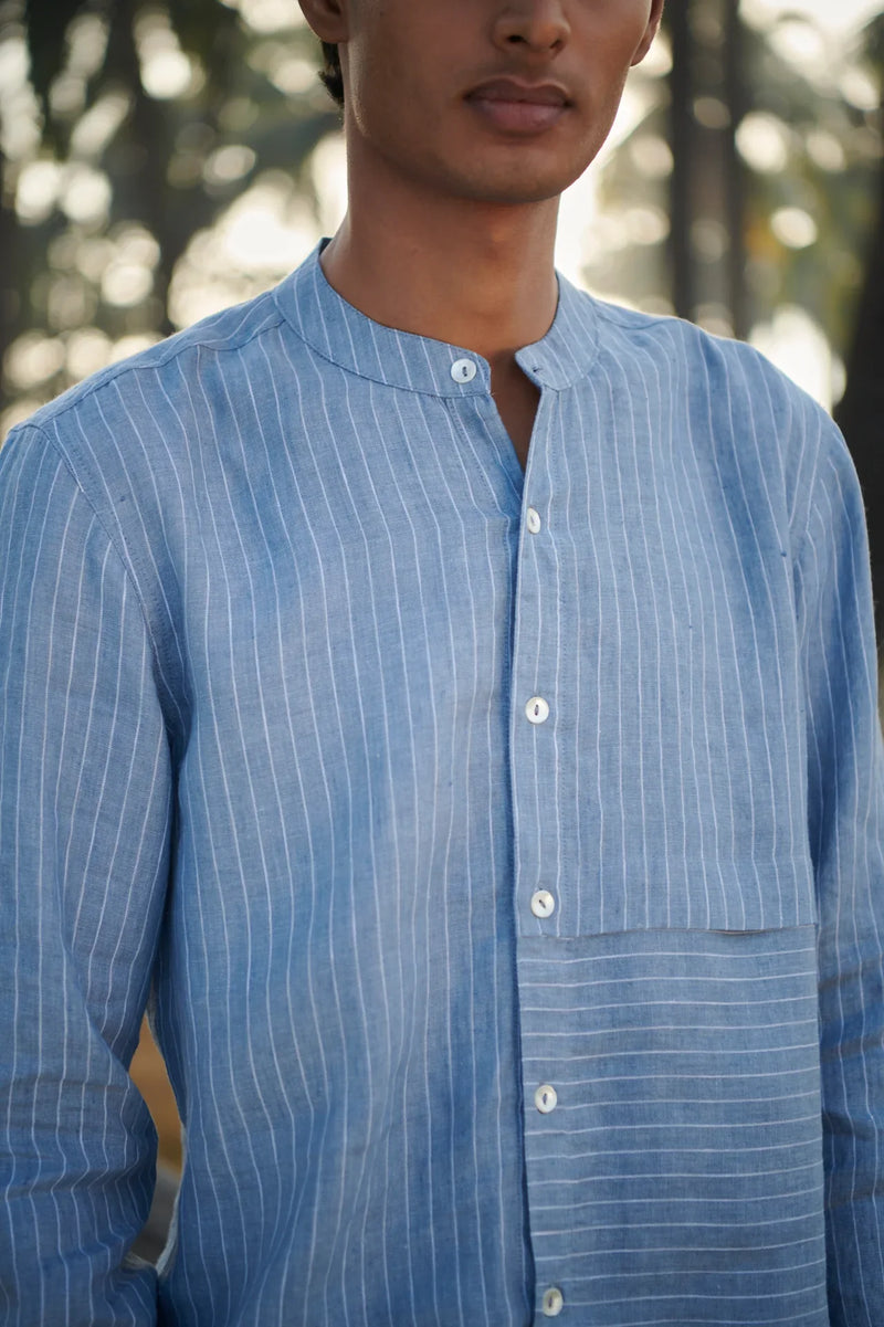 Sky Pinstripe Linen Men's Band Collar Shirt - Slim Fit linen by Saphed Men for men Worldwide