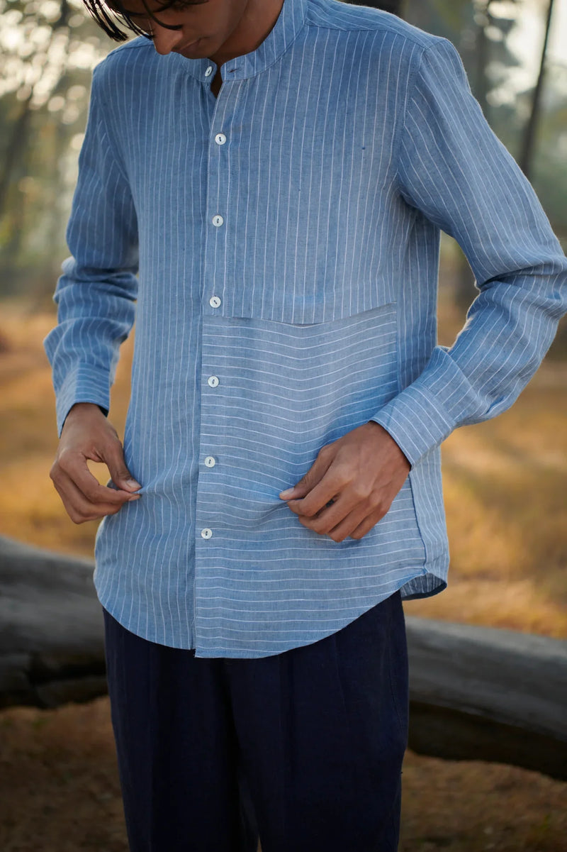 Sky Pinstripe Linen Men's Band Collar Shirt - Slim Fit linen by Saphed Men for men Worldwide