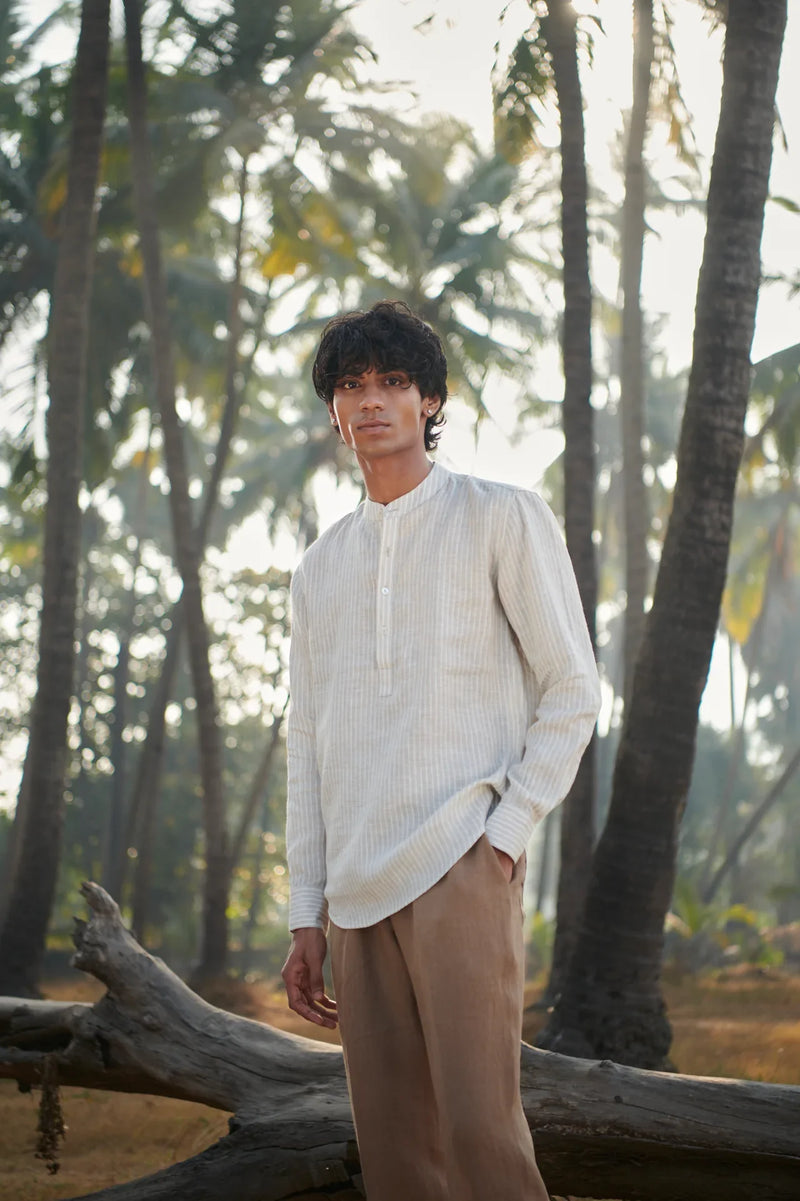 Undyed Pinstripe Linen Men's Shirt Kurta linen by Saphed Men for men Worldwide