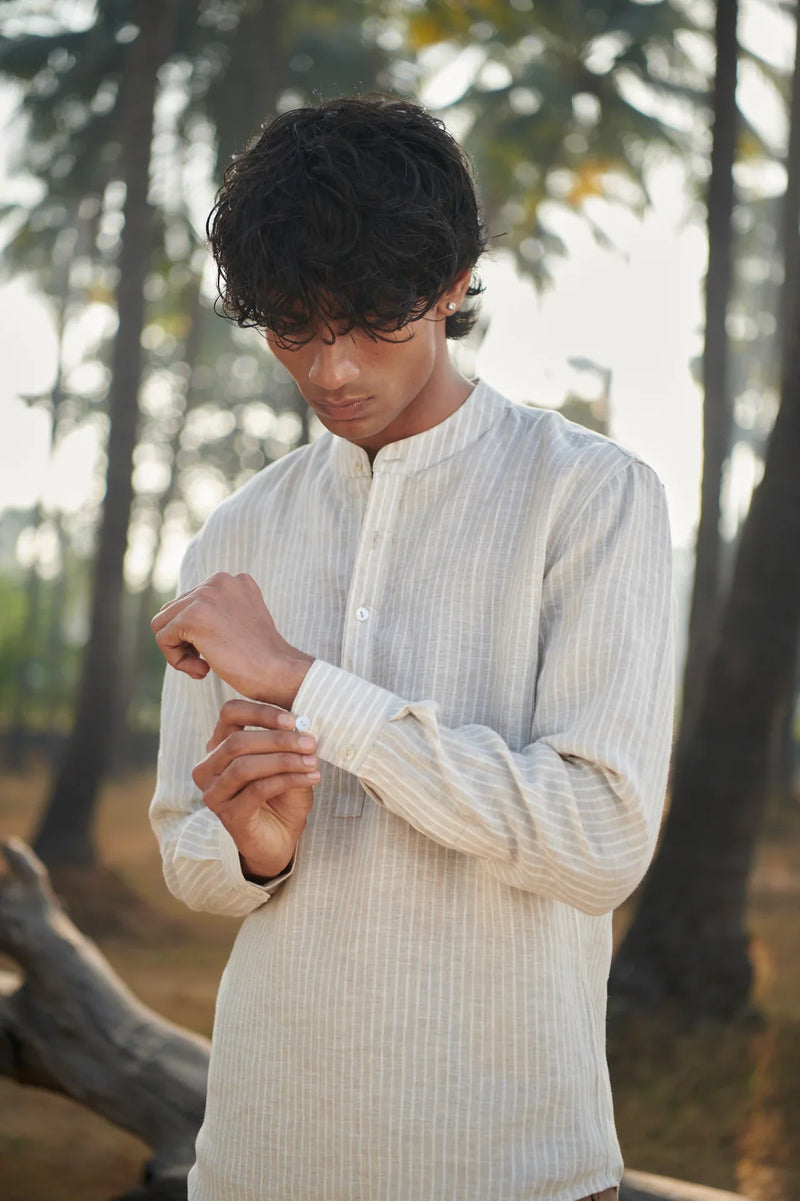 Undyed Pinstripe Linen Men's Shirt Kurta linen by Saphed Men for men Worldwide