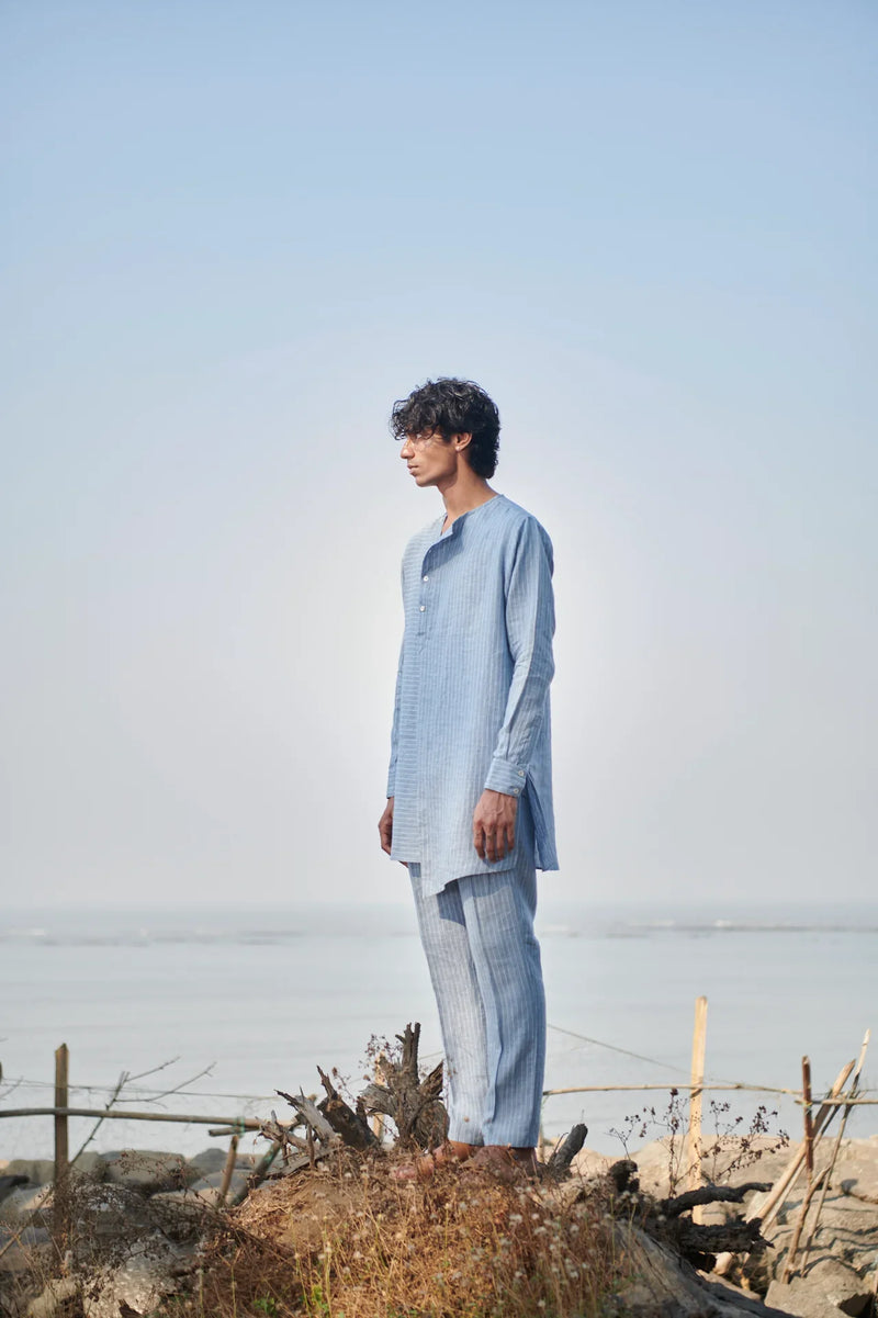 Sky Pinstripe Linen Side Open Kurta Set linen by Saphed Men for men Worldwide