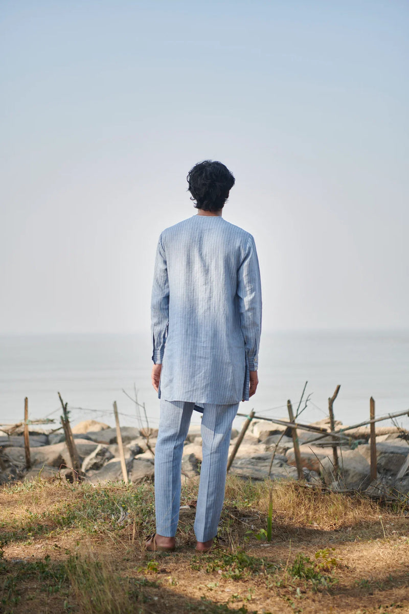 Sky Pinstripe Linen Side Open Kurta Set linen by Saphed Men for men Worldwide