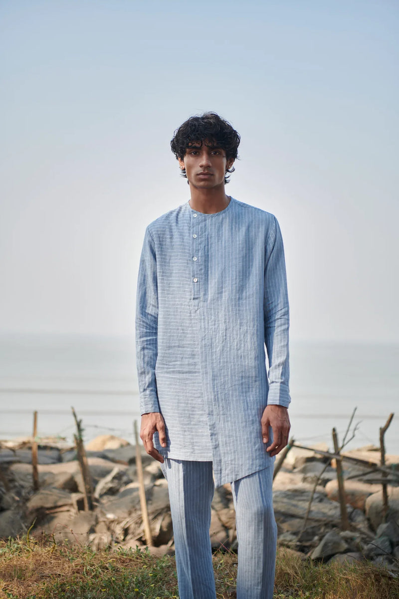 Sky Pinstripe Linen Side Open Kurta Set linen by Saphed Men for men Worldwide