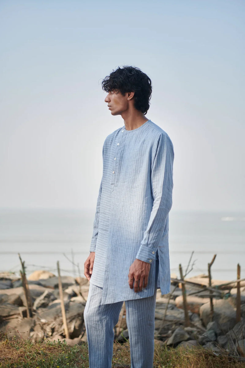 Sky Pinstripe Linen Side Open Kurta Set linen by Saphed Men for men Worldwide