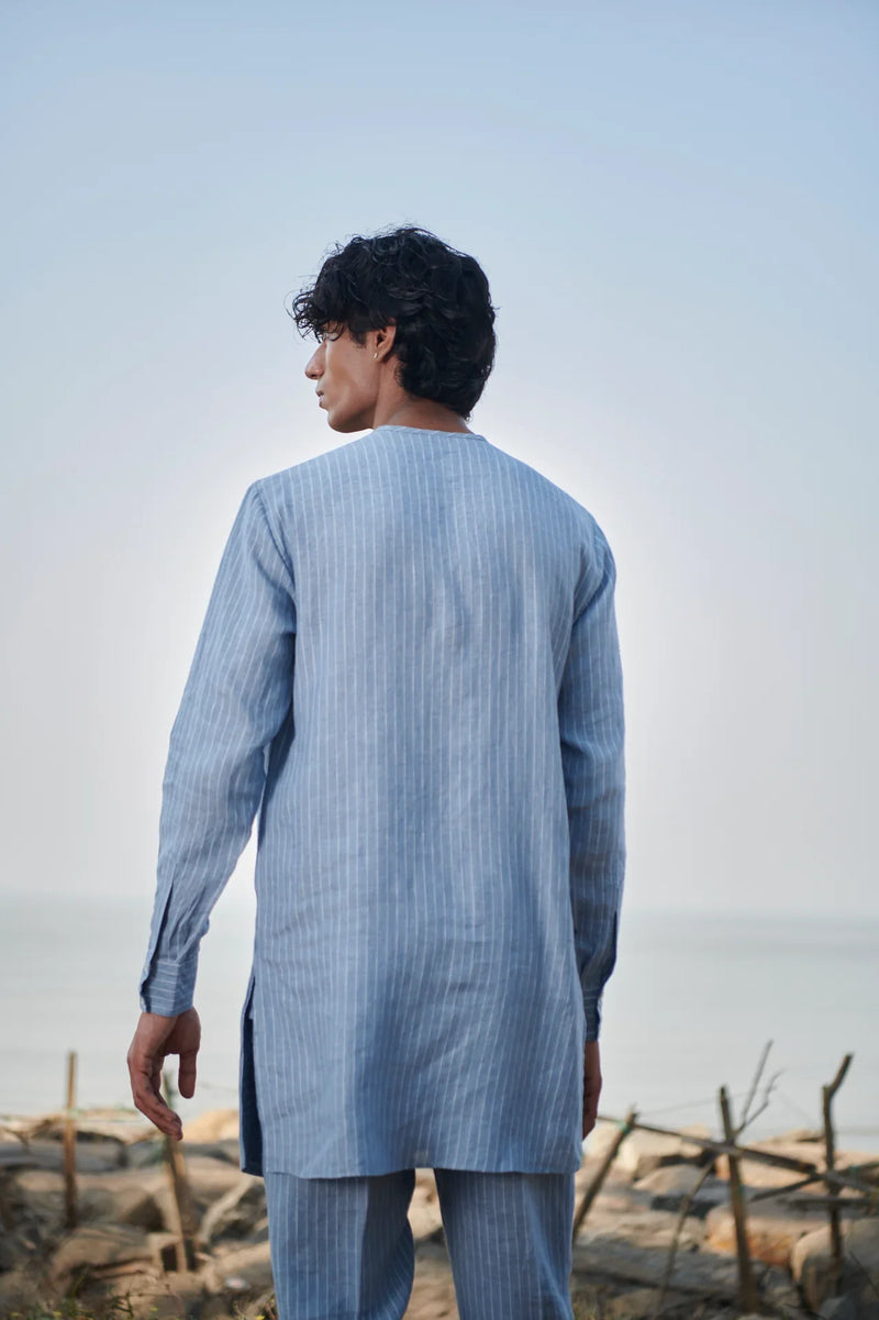 Sky Pinstripe Linen Side Open Kurta Set linen by Saphed Men for men Worldwide