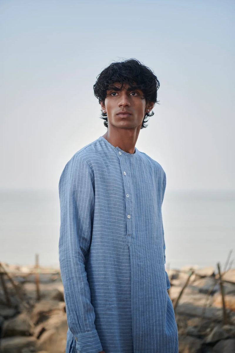 Sky Pinstripe Linen Side Open Kurta Set linen by Saphed Men for men Worldwide