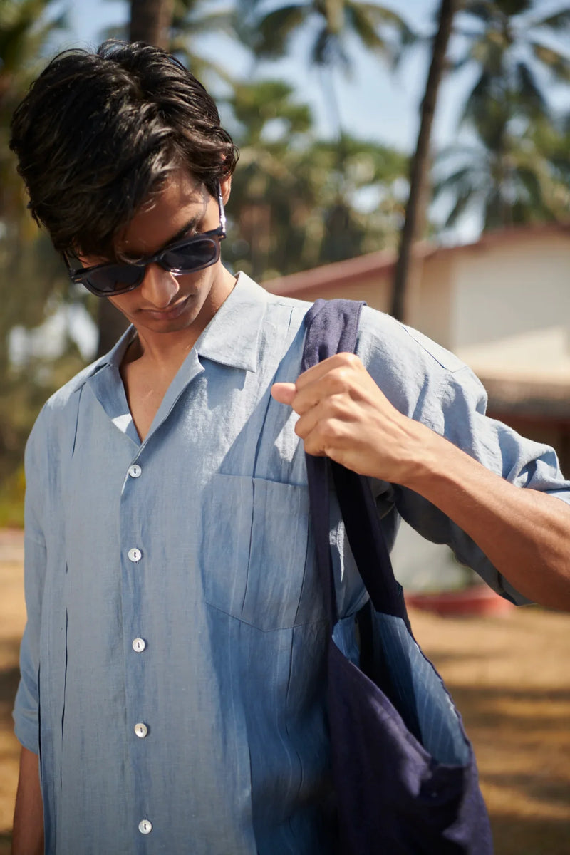 Sky Linen Men's Pleated Camp Collar Shirt linen by Saphed Men for men Worldwide