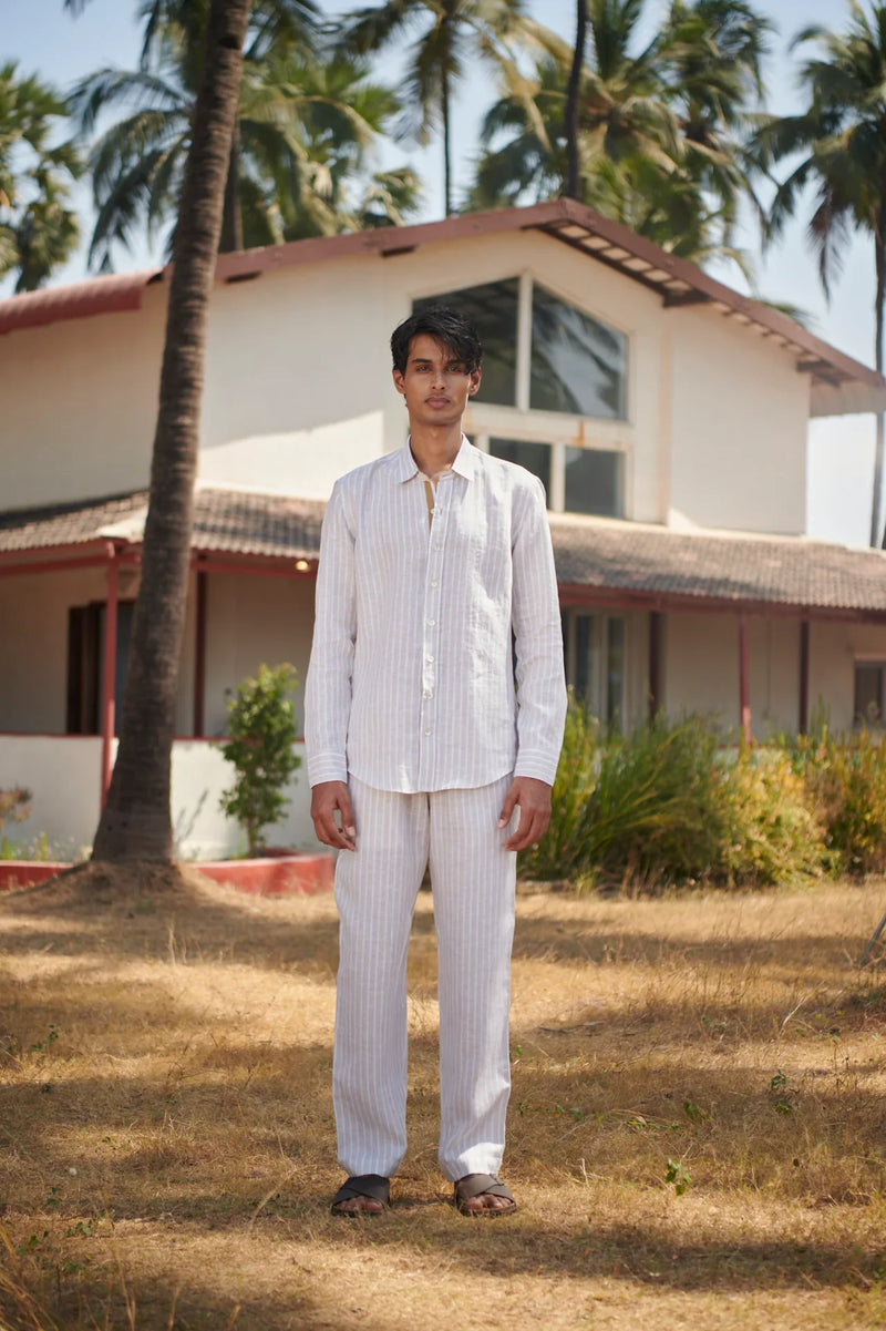 Undyed Boldstripe Linen Men's Oxford Shirt - Slim Fit linen by Saphed Men for men Worldwide