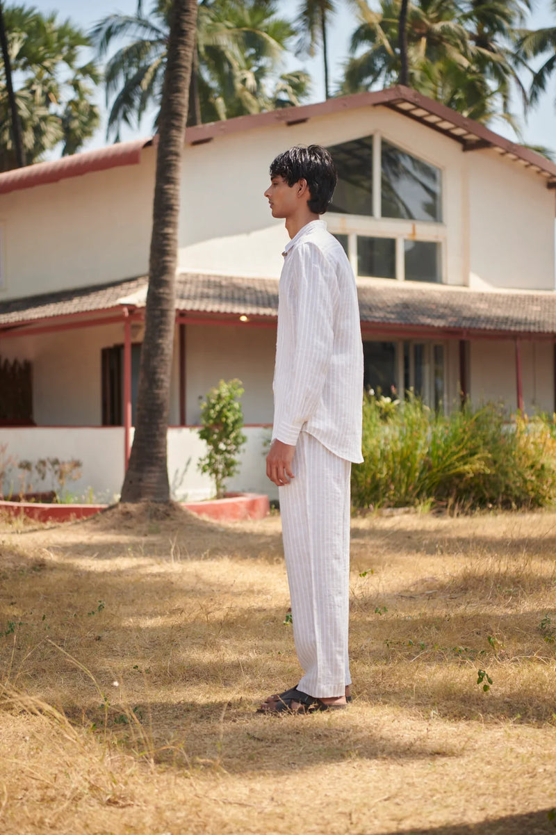 Undyed Boldstripe Linen Men's Oxford Shirt - Slim Fit linen by Saphed Men for men Worldwide