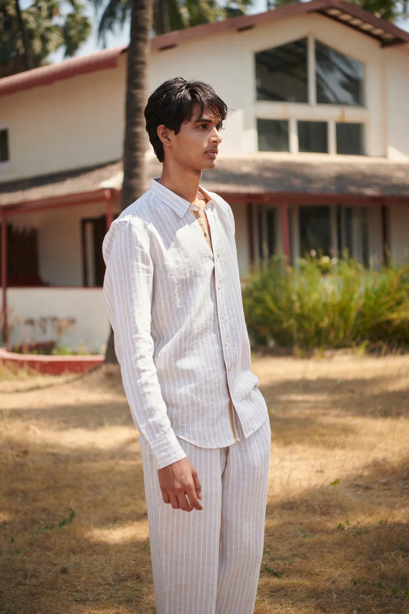 Undyed Boldstripe Linen Men's Oxford Shirt - Slim Fit linen by Saphed Men for men Worldwide