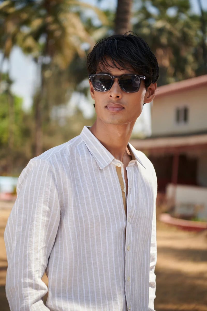 Undyed Boldstripe Linen Men's Oxford Shirt - Slim Fit linen by Saphed Men for men Worldwide