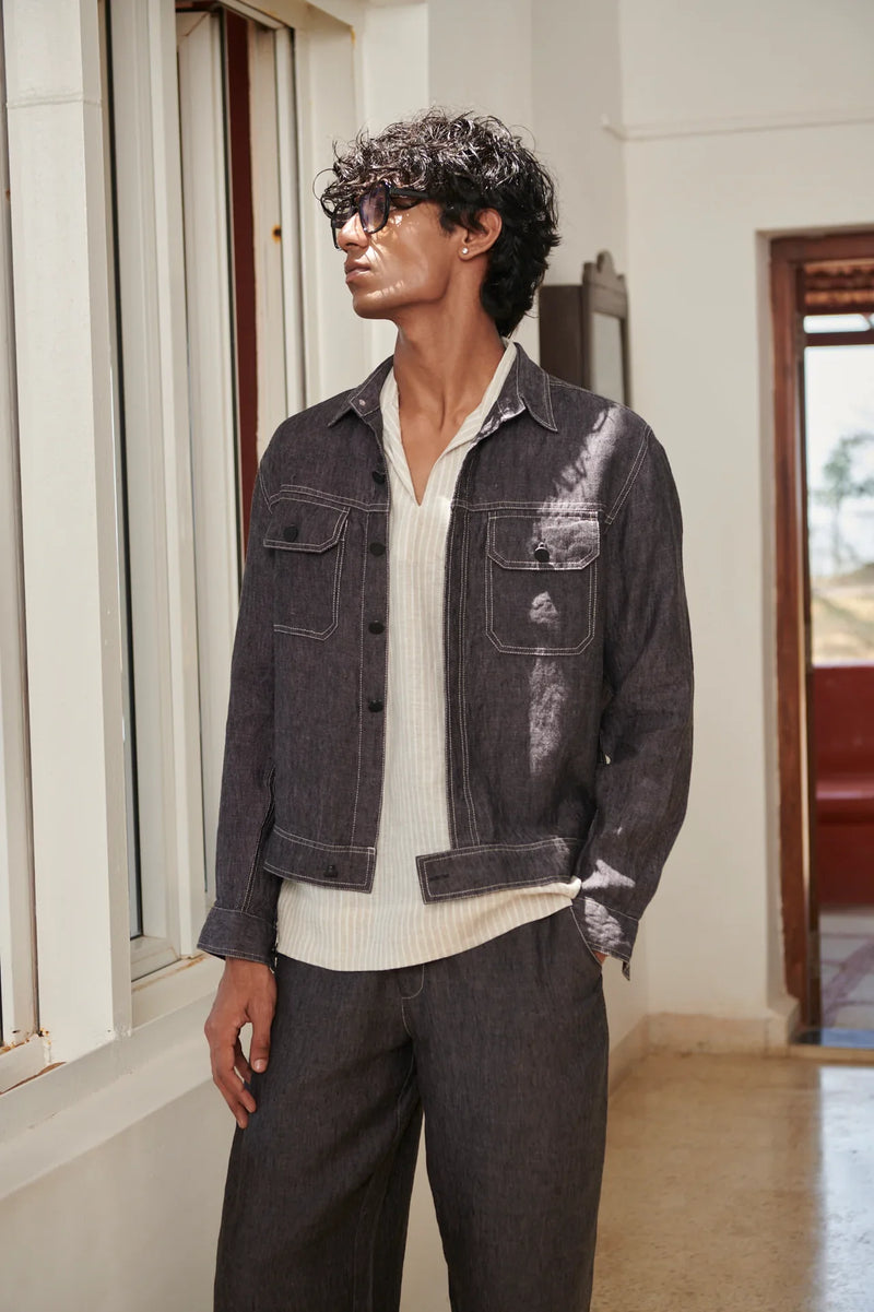Undyed Pinstripe Linen Men's Popover Shirt linen by Saphed Men for men Worldwide