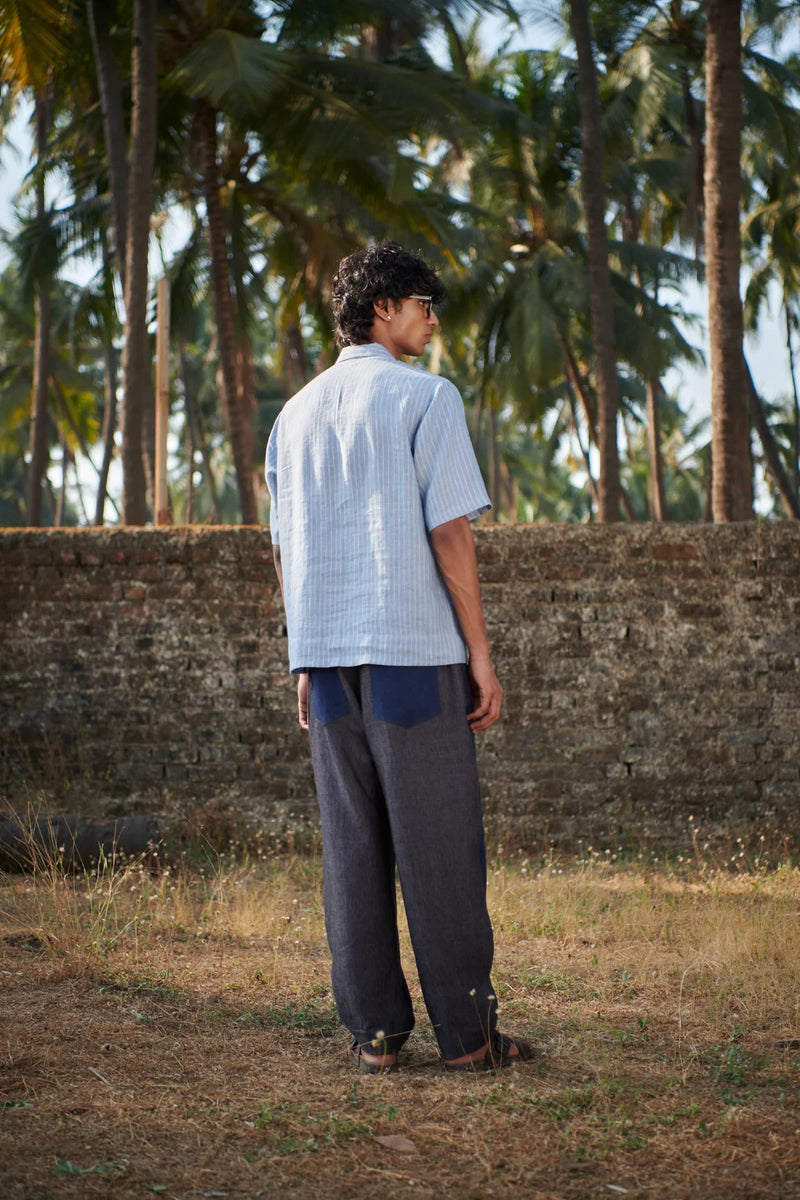 Sky Pinstripe Linen Men's Popover Shirt linen by Saphed Men for men Worldwide