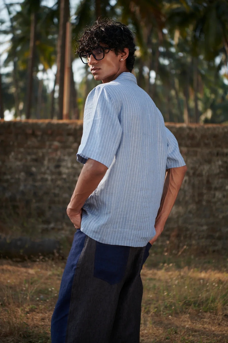 Sky Pinstripe Linen Men's Popover Shirt linen by Saphed Men for men Worldwide