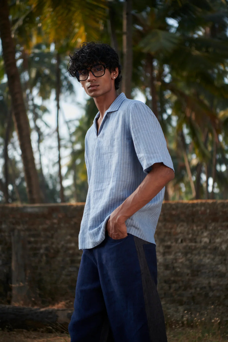 Sky Pinstripe Linen Men's Popover Shirt linen by Saphed Men for men Worldwide