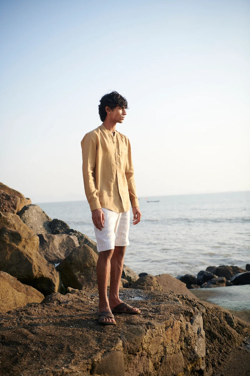 Husk Linen Men's Band Collar Shirt - Slim Fit linen by Saphed Men for men Worldwide