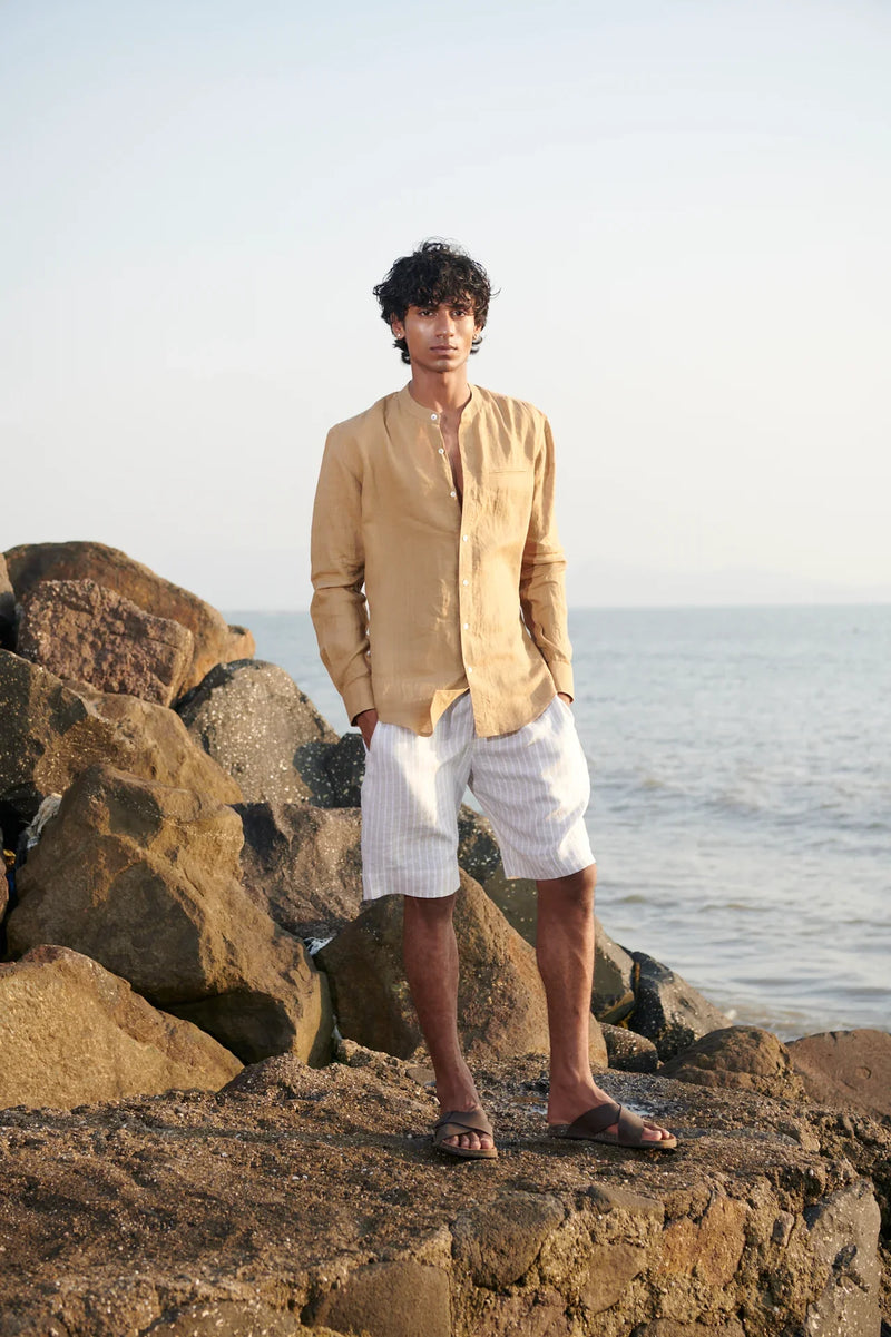 Husk Linen Men's Band Collar Shirt - Slim Fit linen by Saphed Men for men Worldwide