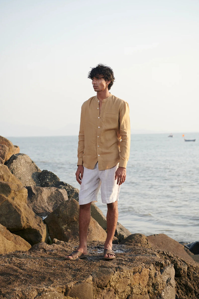 Husk Linen Men's Band Collar Shirt - Slim Fit linen by Saphed Men for men Worldwide