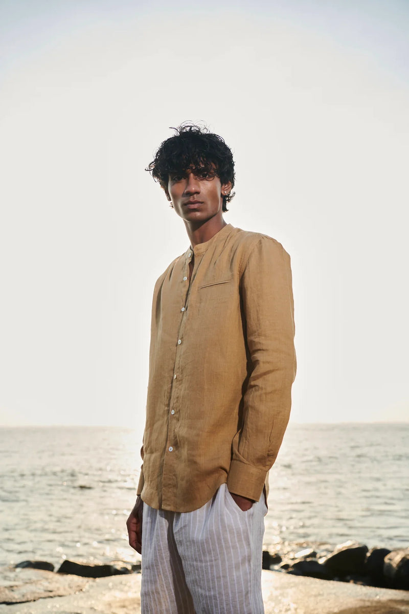 Husk Linen Men's Band Collar Shirt - Slim Fit linen by Saphed Men for men Worldwide