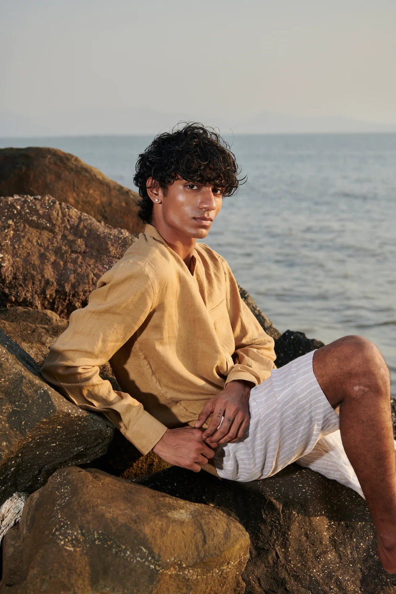 Husk Linen Men's Band Collar Shirt - Slim Fit linen by Saphed Men for men Worldwide