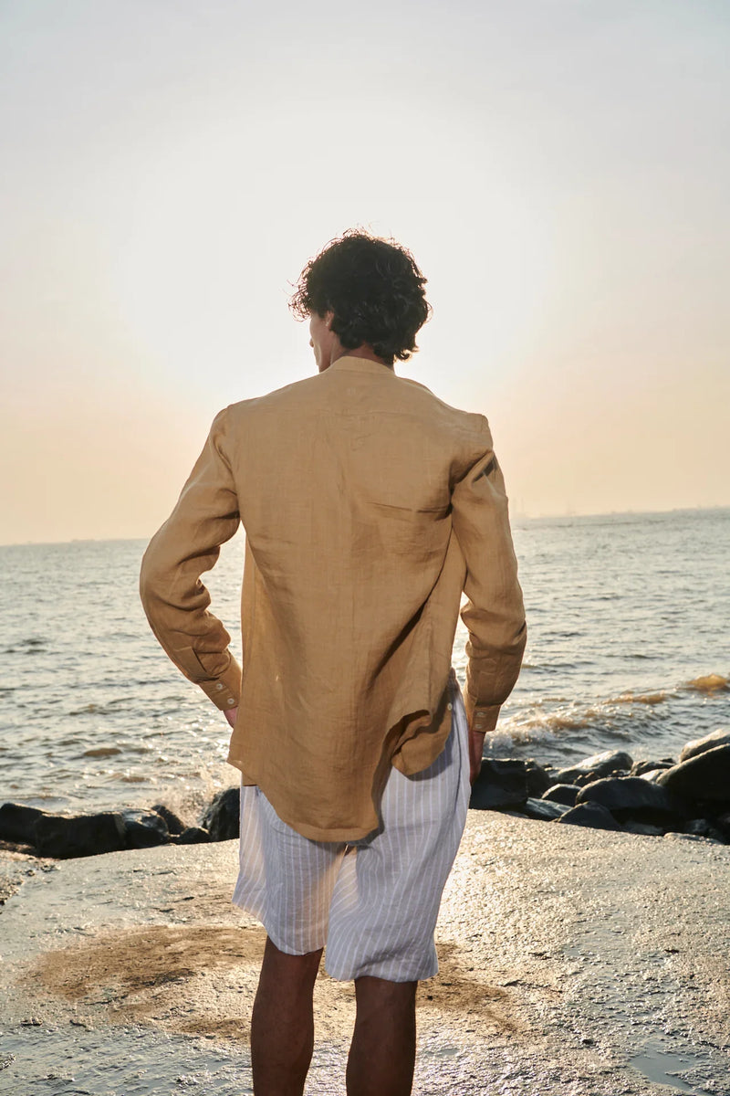 Husk Linen Men's Band Collar Shirt - Slim Fit linen by Saphed Men for men Worldwide