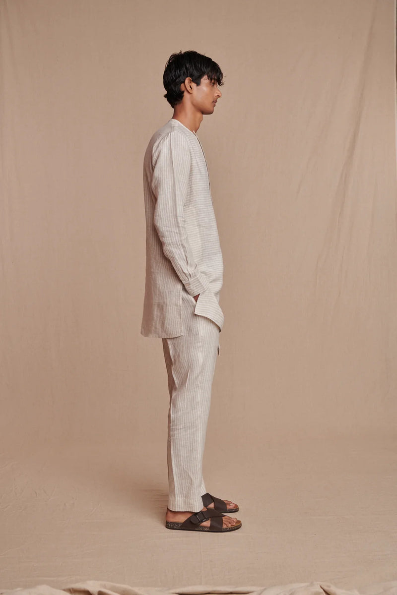 Undyed Pinstripe Linen Side Open Kurta Set linen by Saphed Men for men Worldwide