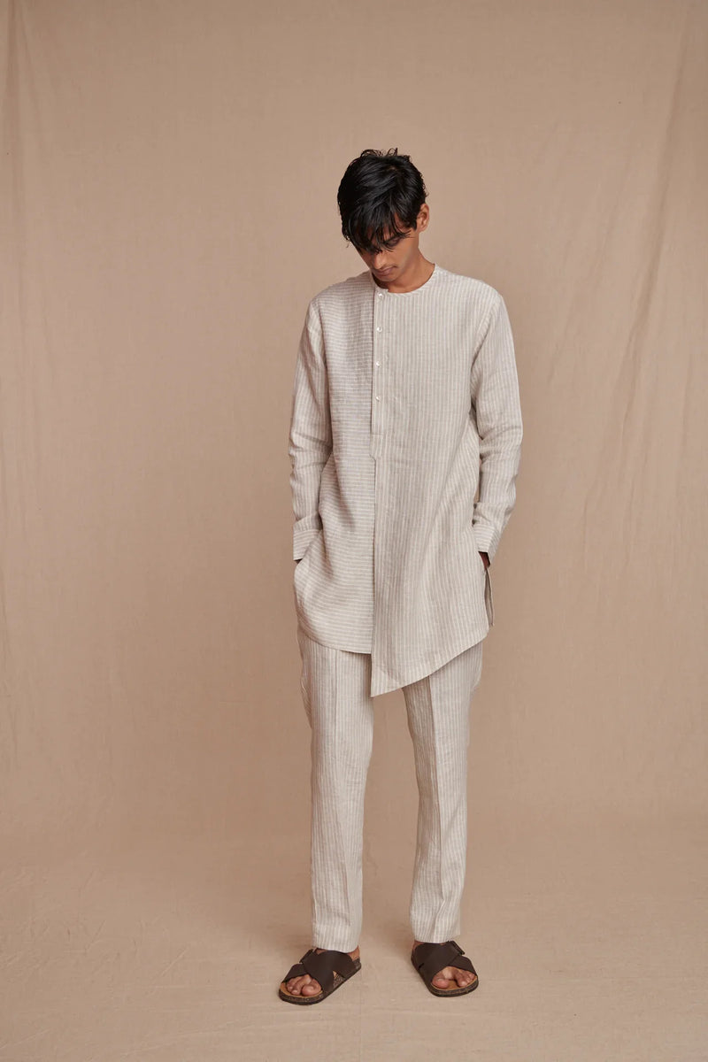 Undyed Pinstripe Linen Side Open Kurta Set linen by Saphed Men for men Worldwide