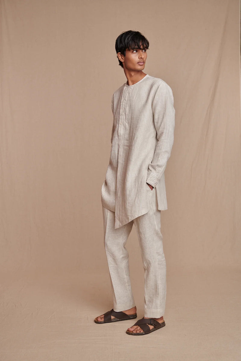 Undyed Pinstripe Linen Side Open Kurta Set linen by Saphed Men for men Worldwide