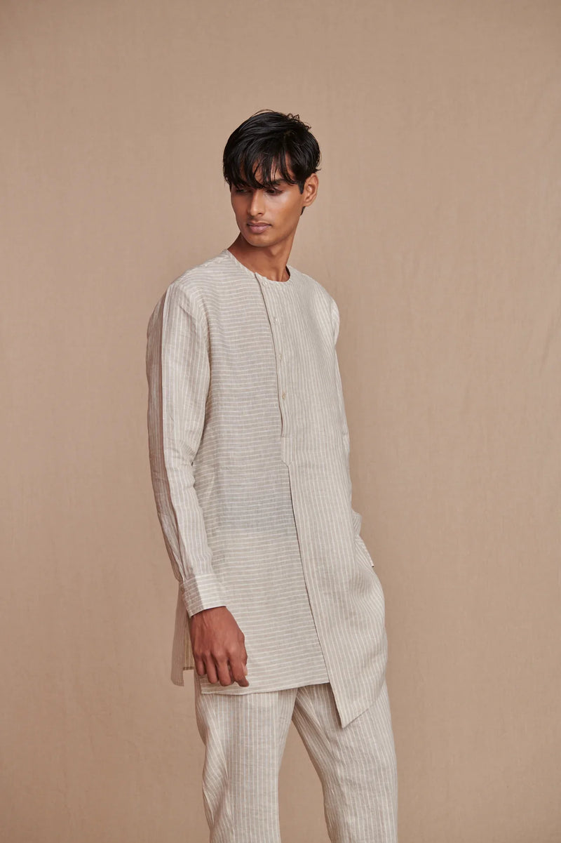 Undyed Pinstripe Linen Side Open Kurta Set linen by Saphed Men for men Worldwide
