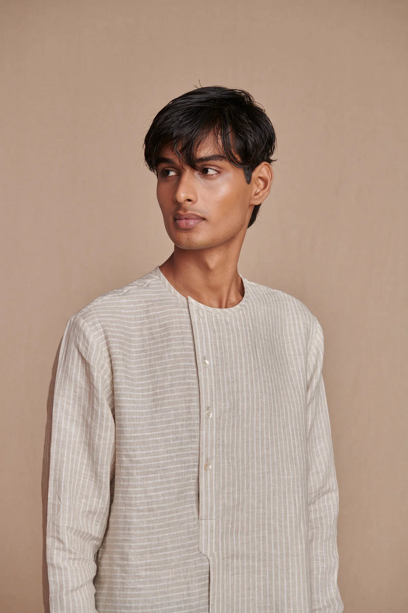 Undyed Pinstripe Linen Side Open Kurta Set linen by Saphed Men for men Worldwide