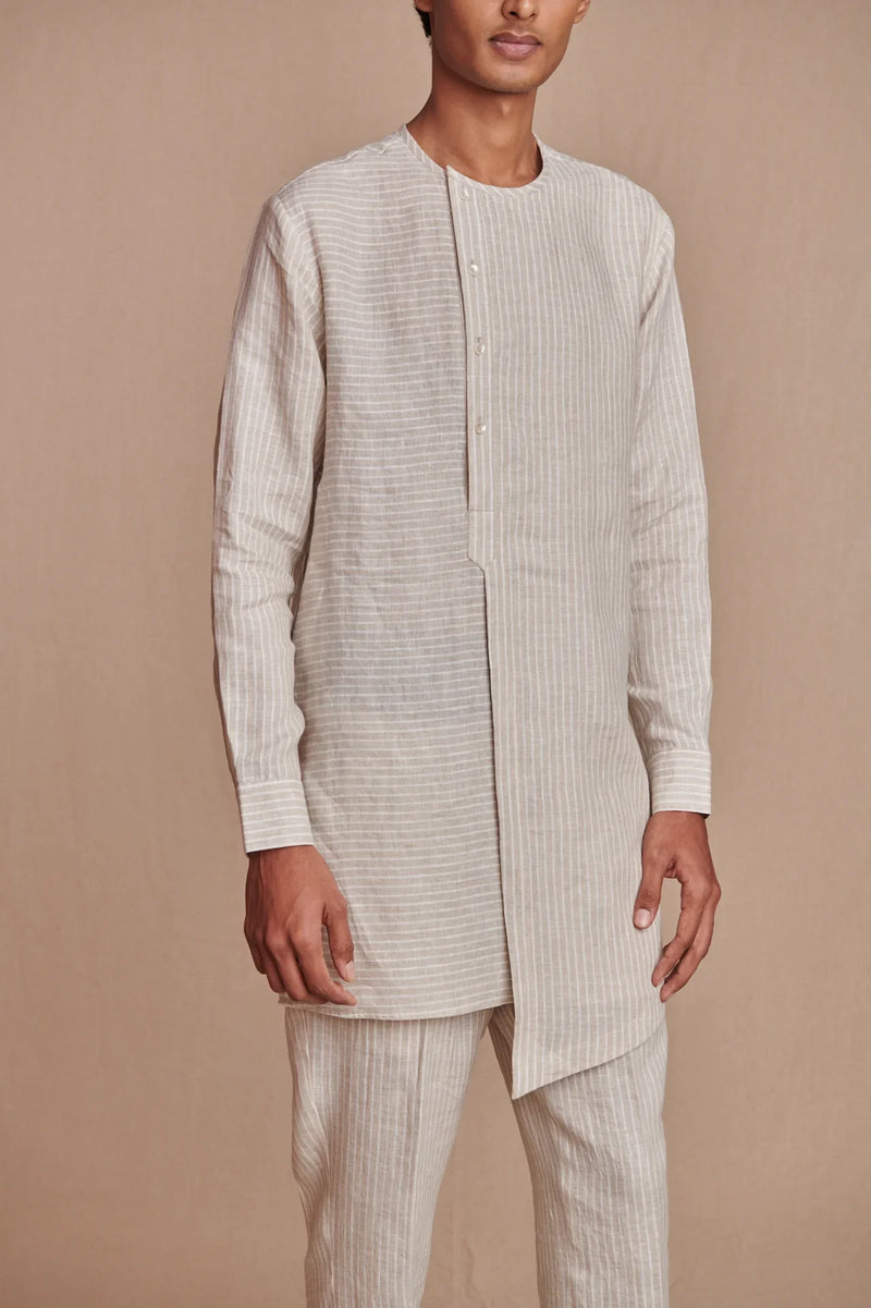 Undyed Pinstripe Linen Side Open Kurta Set linen by Saphed Men for men Worldwide