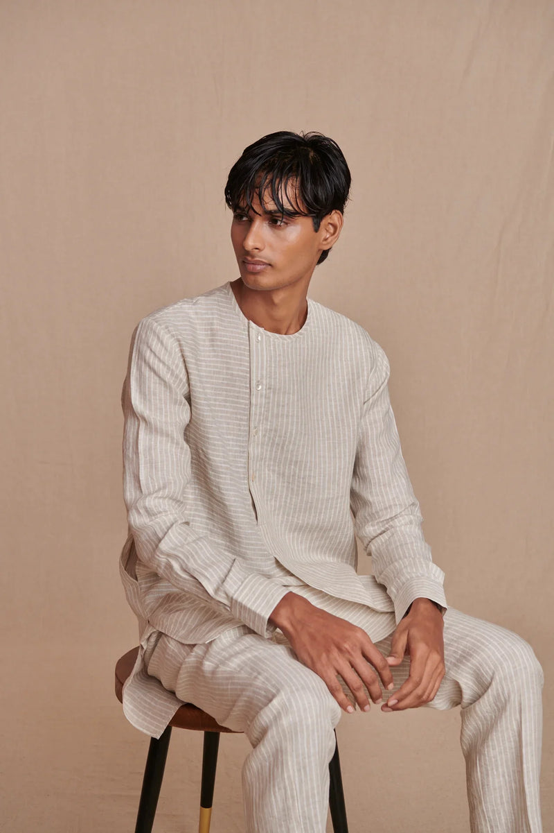 Undyed Pinstripe Linen Side Open Kurta Set linen by Saphed Men for men Worldwide