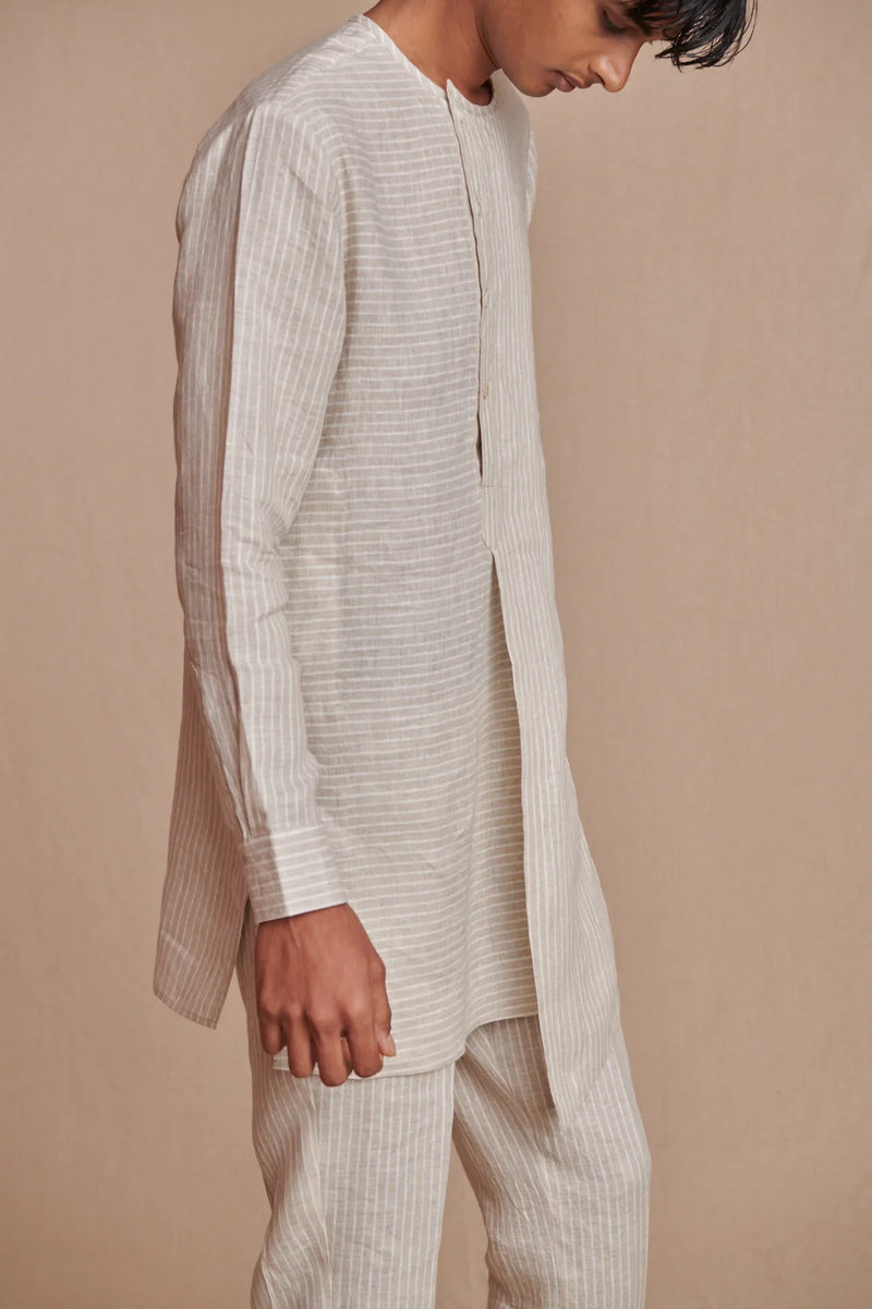 Undyed Pinstripe Linen Side Open Kurta Set linen by Saphed Men for men Worldwide