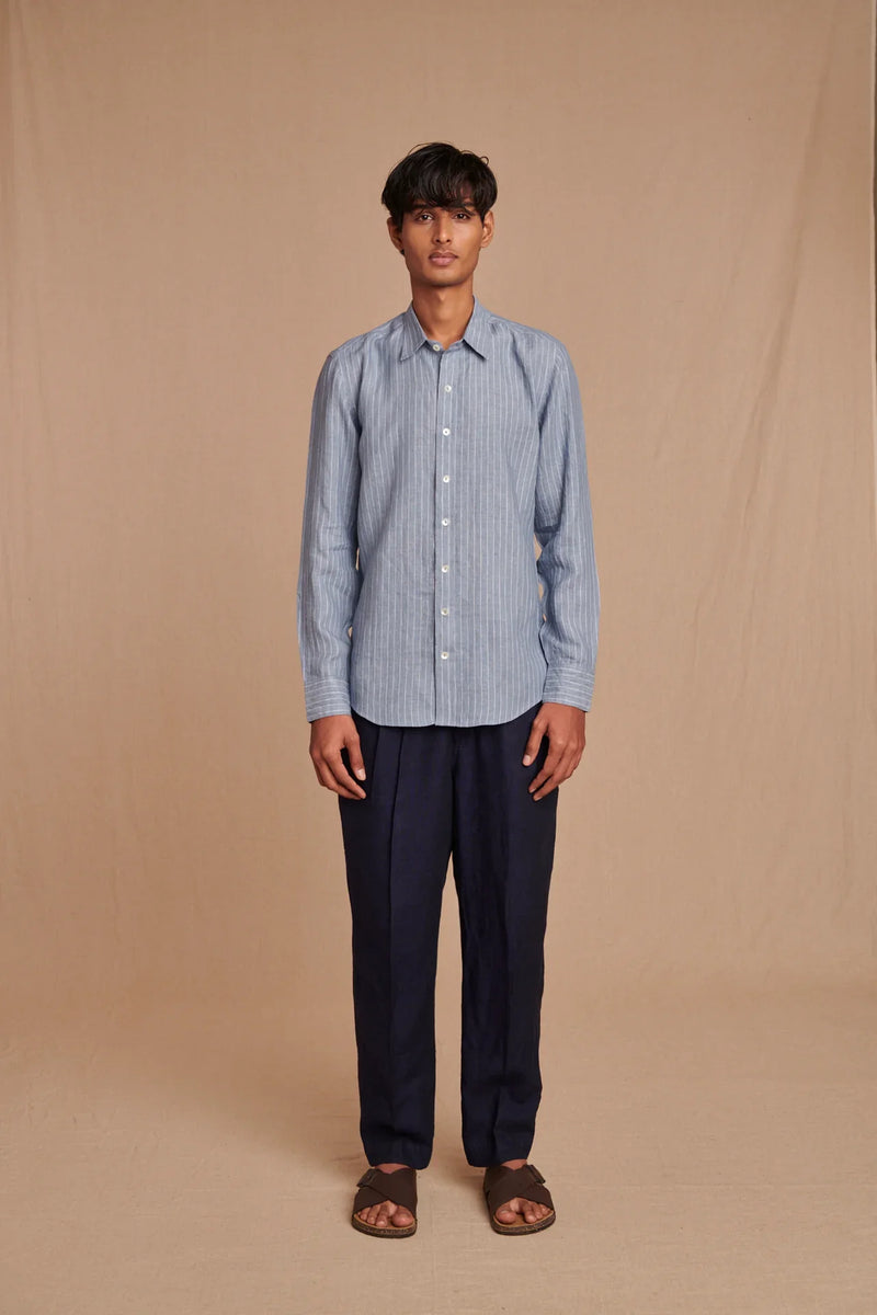 Sky Pinstripe Linen Men's Oxford Shirt - Slim Fit linen by Saphed Men for men Worldwide