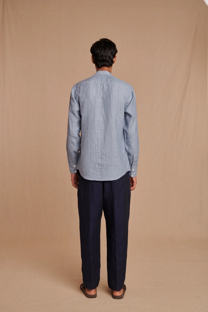 Sky Pinstripe Linen Men's Oxford Shirt - Slim Fit linen by Saphed Men for men Worldwide
