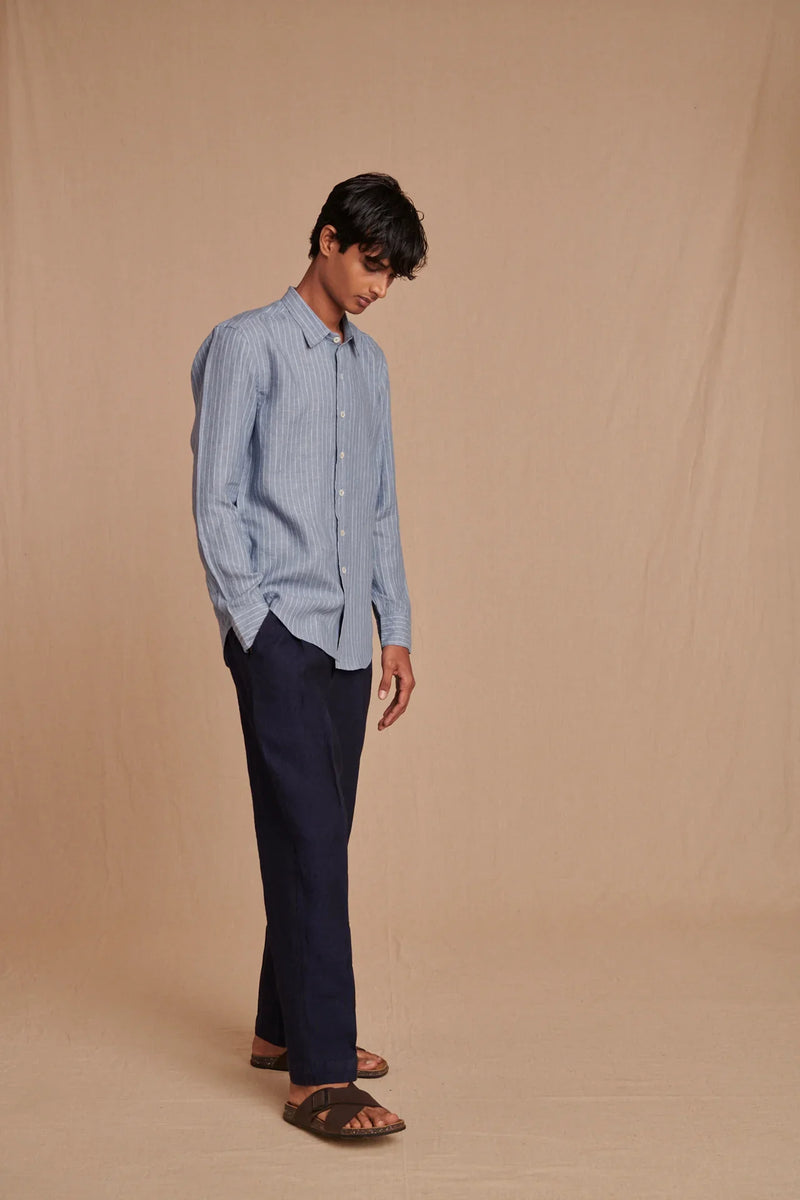 Sky Pinstripe Linen Men's Oxford Shirt - Slim Fit linen by Saphed Men for men Worldwide