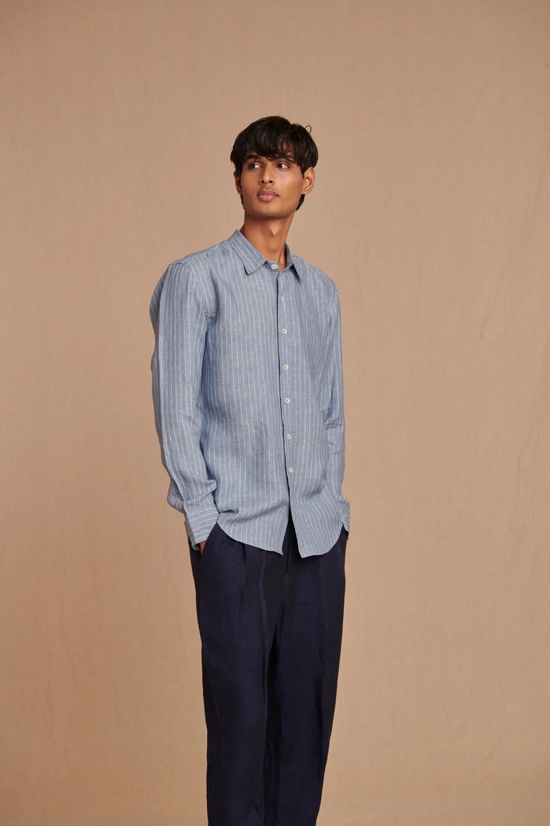 Sky Pinstripe Linen Men's Oxford Shirt - Slim Fit linen by Saphed Men for men Worldwide