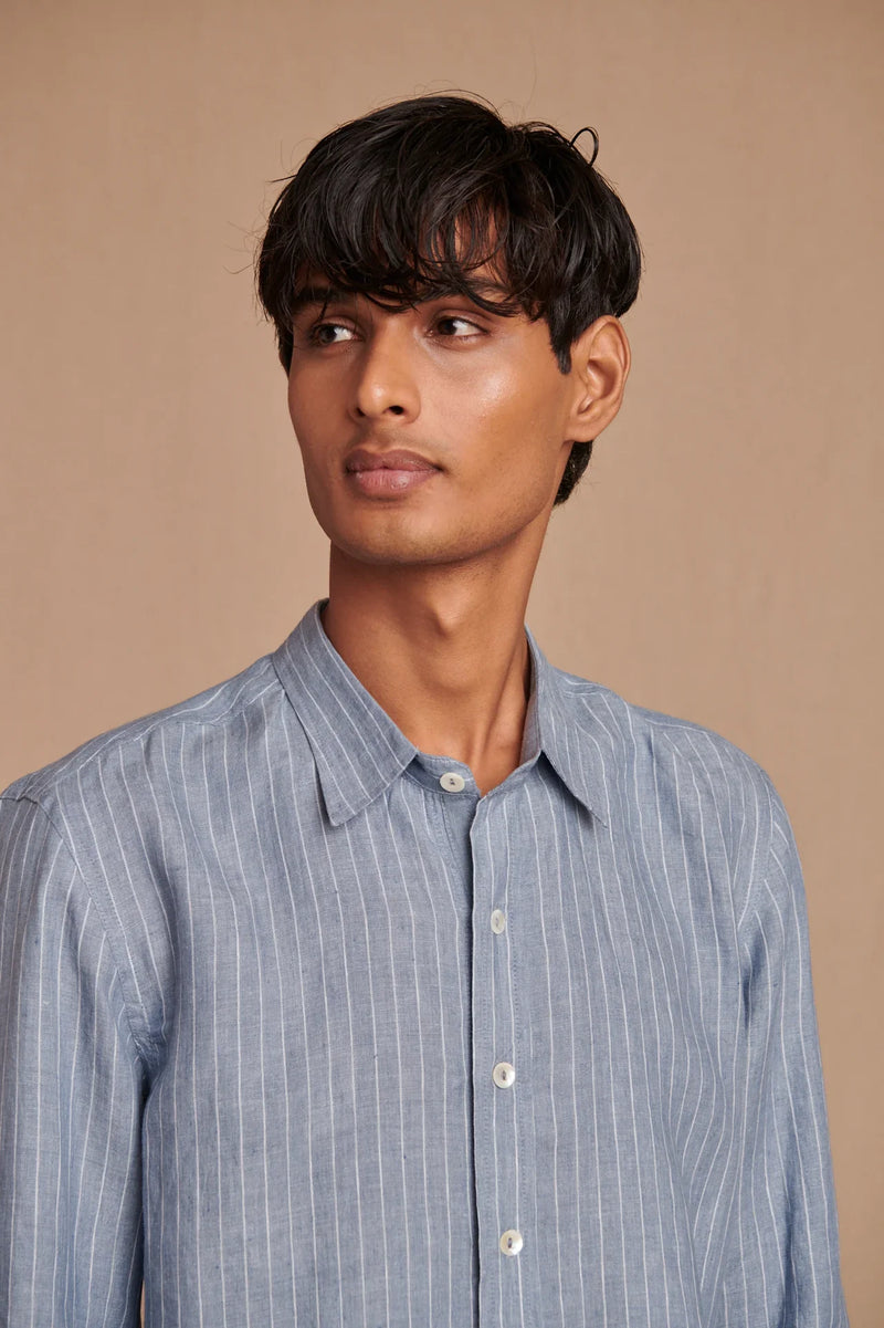 Sky Pinstripe Linen Men's Oxford Shirt - Slim Fit linen by Saphed Men for men Worldwide